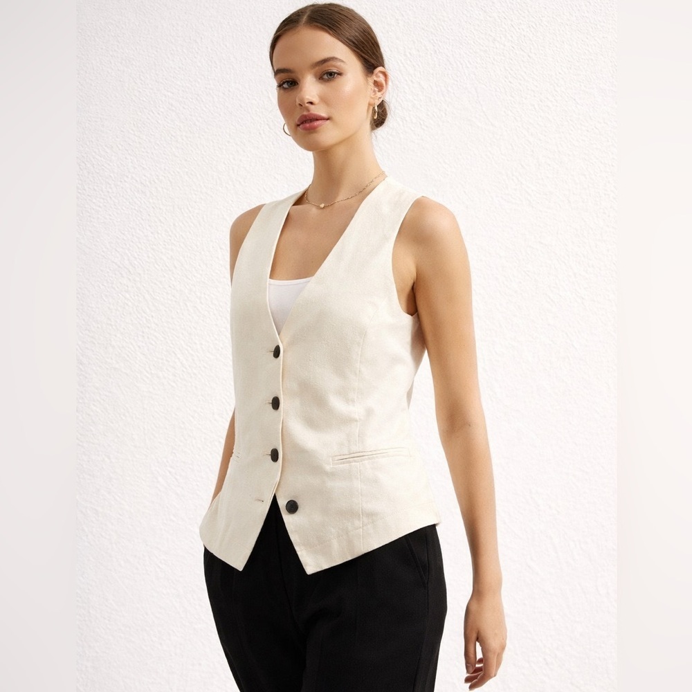 Anthropologie Maeve Ivory Tailored Linen Vest Size M Chic Workwear Office